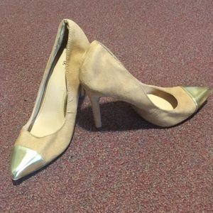 Nude Faux-Suede Heels with Gold Toe